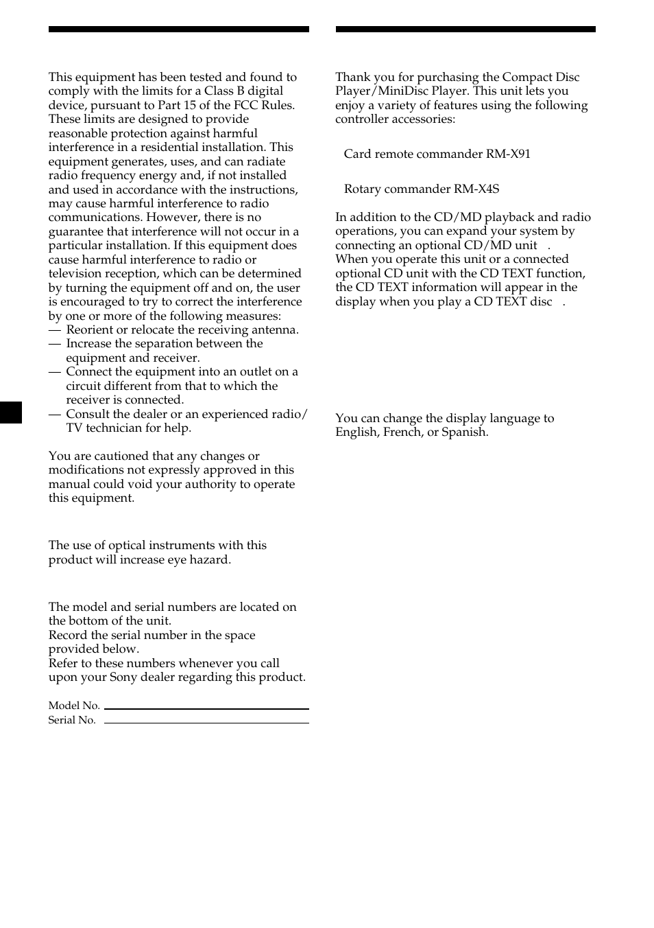 2warning, Welcome | Sony MDX-C8500X User Manual | Page 2 / 116