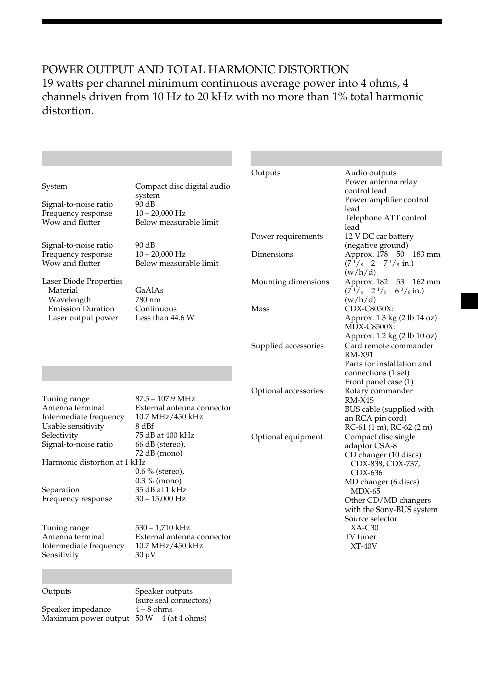 35 specifications, General | Sony MDX-C8500X User Manual | Page 35 / 116