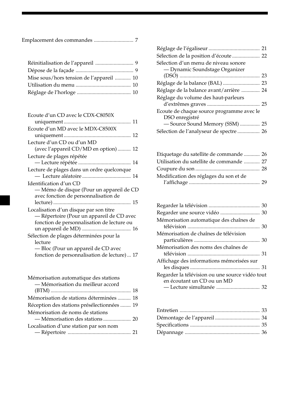 6table of contents, Préparation, Cd/md | Radio, Autres fonctions, Télévision/vidéo, Informations complémentaires | Sony MDX-C8500X User Manual | Page 44 / 116