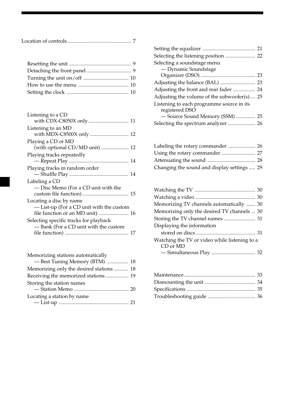 6table of contents, Getting started, Cd/md | Radio, Other functions, Tv/video, Additional information | Sony MDX-C8500X User Manual | Page 6 / 116