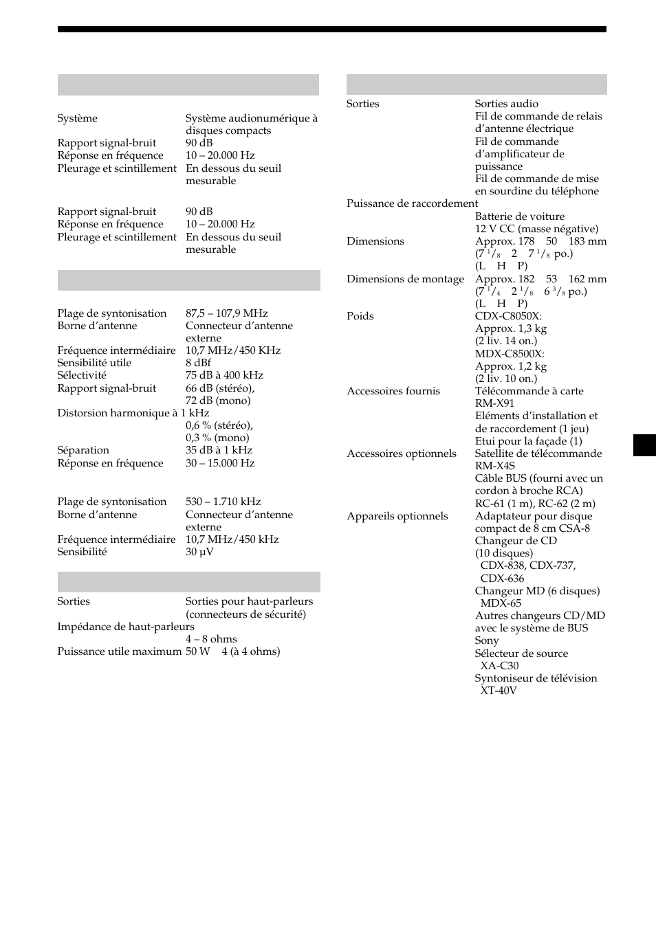 35 specifications, Lecteur de disques, Radio | Amplificateur de puissance, Caractéristiques générales | Sony MDX-C8500X User Manual | Page 73 / 116