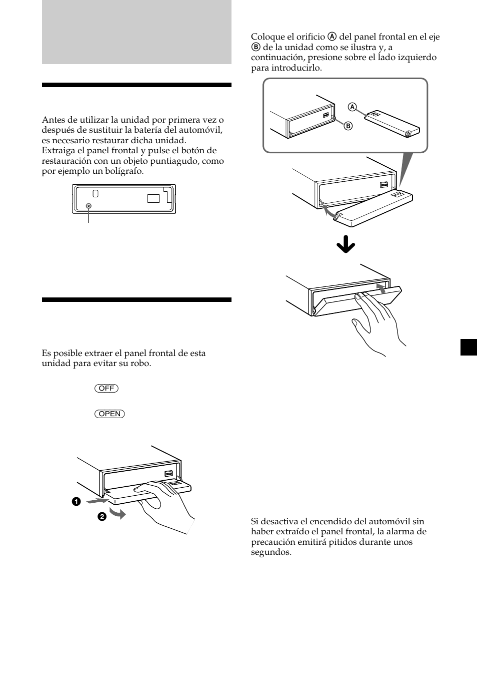 Procedimientos iniciales, Restauración de la unidad, Extracción del panel frontal | Sony MDX-C8500X User Manual | Page 85 / 116