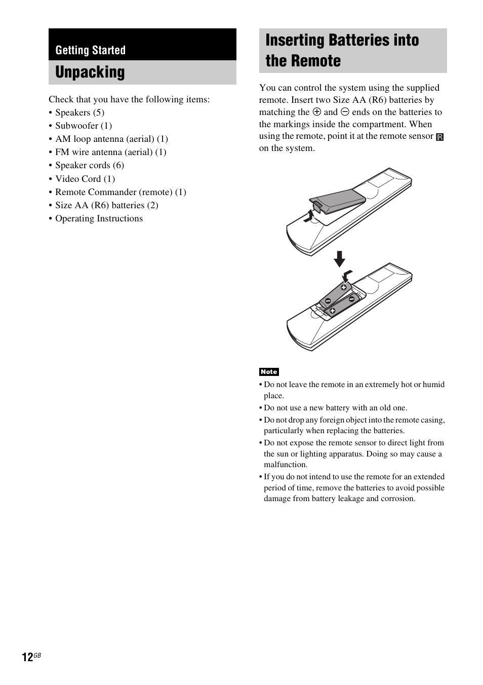 Getting started, Unpacking, Inserting batteries into the remote | Unpacking inserting batteries into the remote | Sony SRSDZ10 User Manual | Page 12 / 92