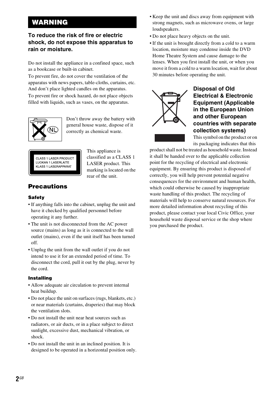 Warning, Precautions | Sony SRSDZ10 User Manual | Page 2 / 92