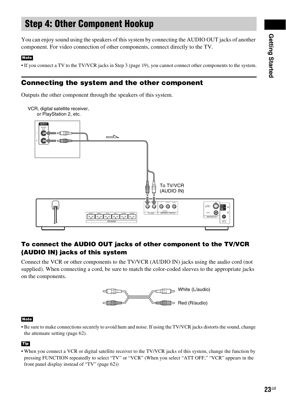 Step 4: other component hookup, Connecting the system and the other component, Ge tting star te d | Sony SRSDZ10 User Manual | Page 23 / 92