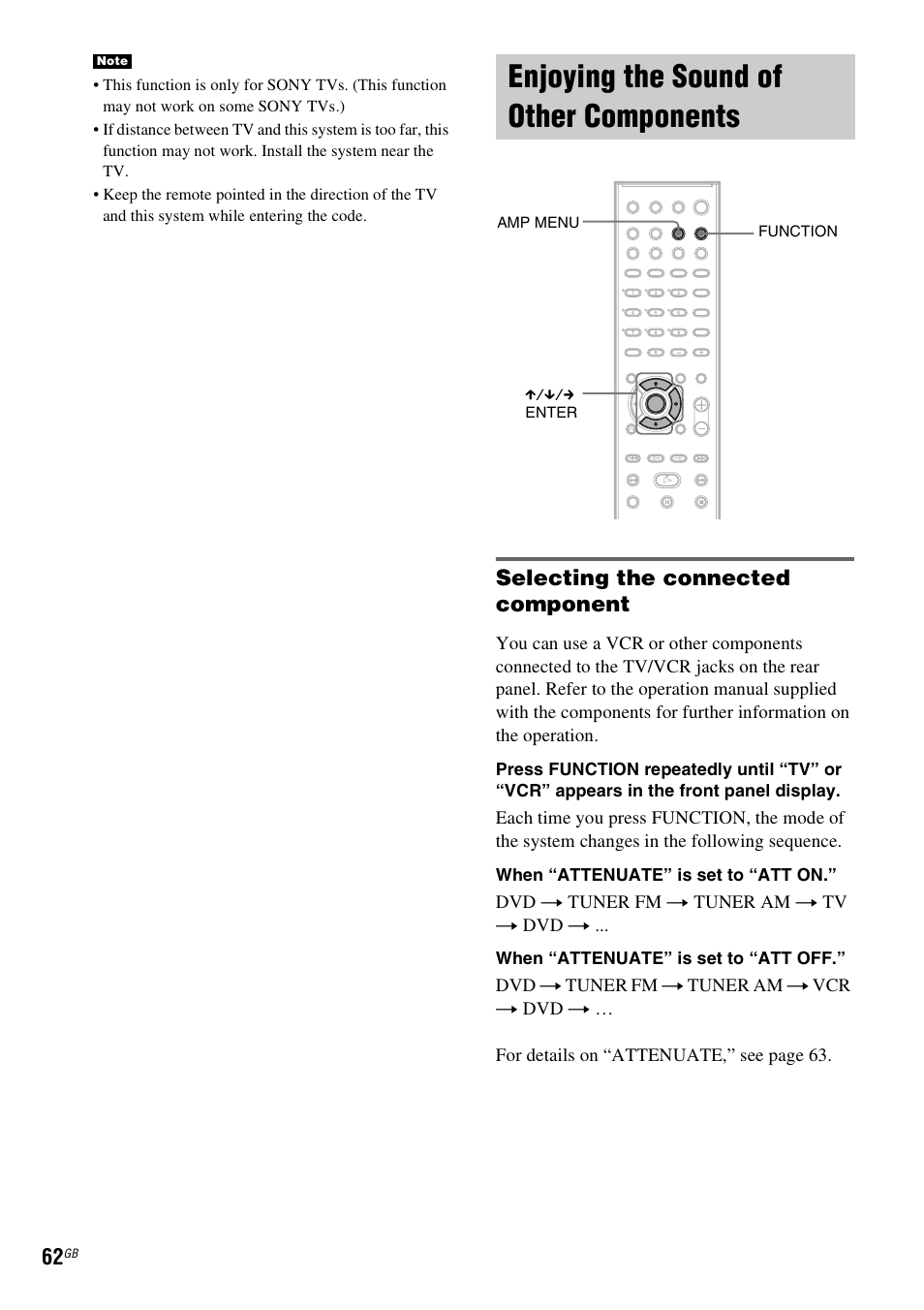 Enjoying the sound of other components, Enjoying the sound of other, Components | Selecting the connected component | Sony SRSDZ10 User Manual | Page 62 / 92