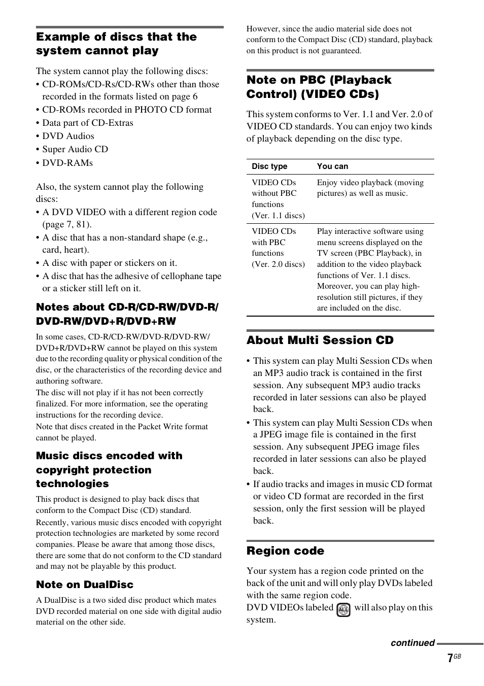 Example of discs that the system cannot play, About multi session cd, Region code | Sony SRSDZ10 User Manual | Page 7 / 92