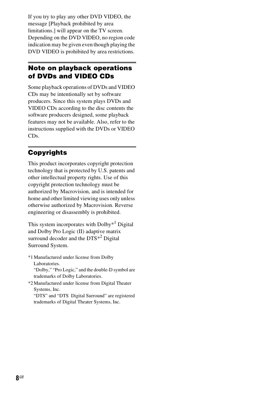Copyrights | Sony SRSDZ10 User Manual | Page 8 / 92