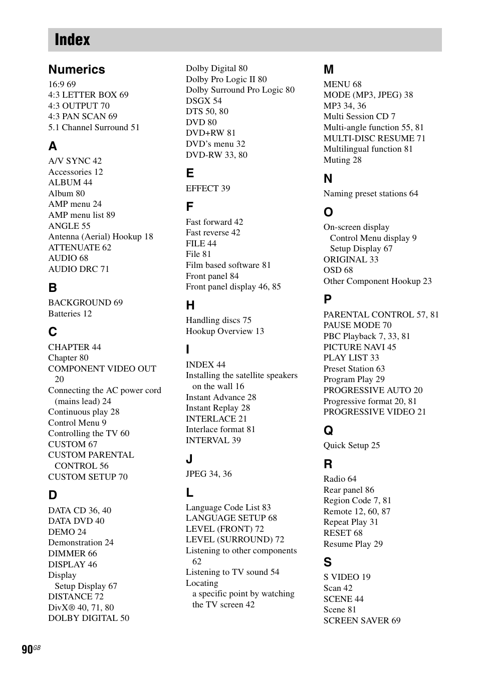 Index, Numerics | Sony SRSDZ10 User Manual | Page 90 / 92