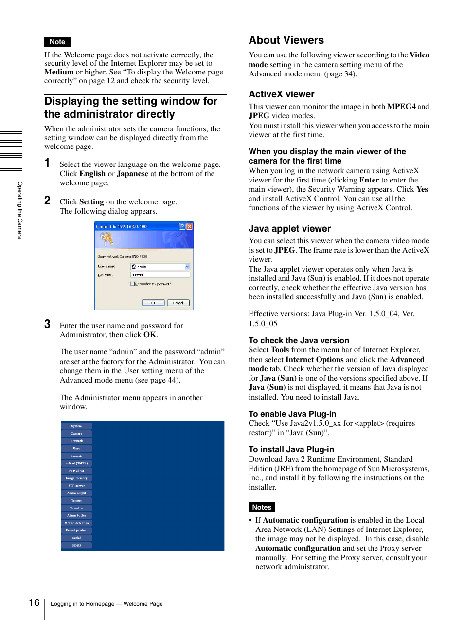 About viewers, Displaying the setting window for the, Administrator directly | Sony SNC-RZ25P User Manual | Page 16 / 87