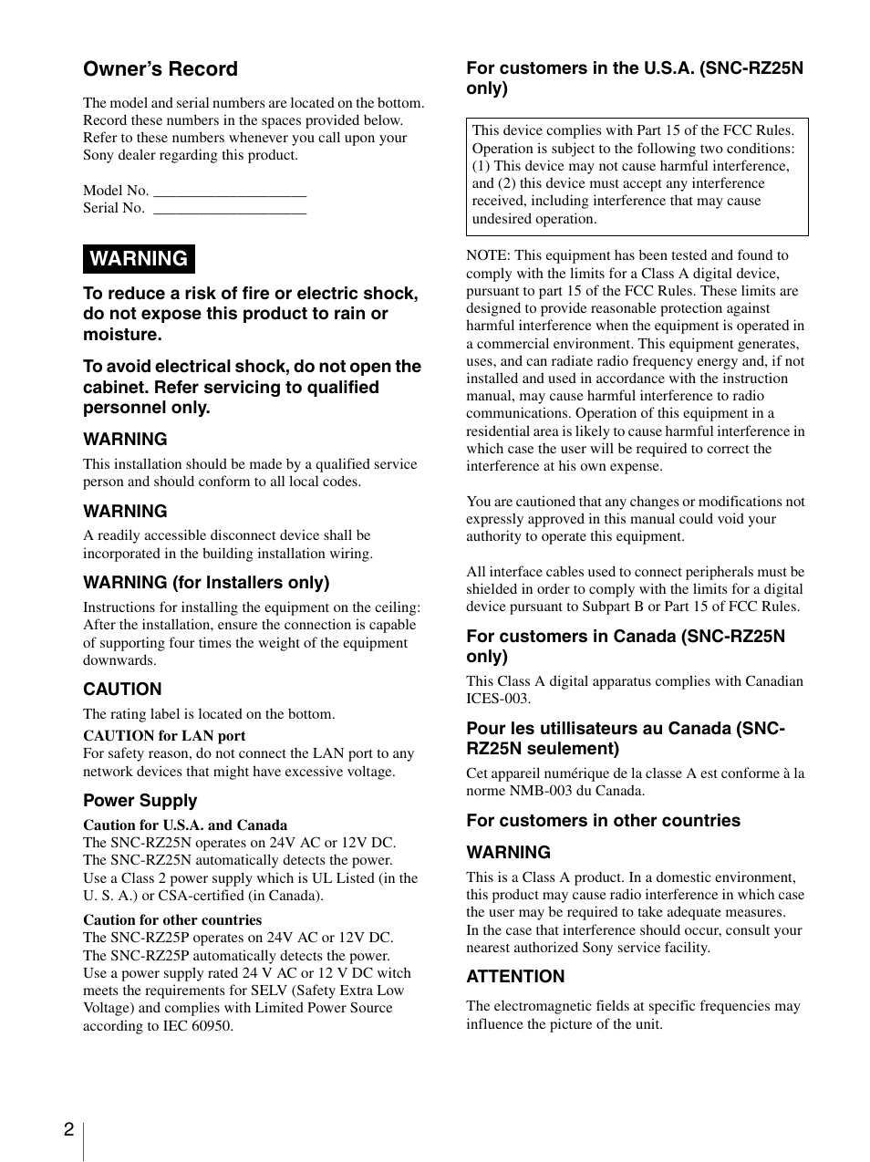 Owner’s record, Warning | Sony SNC-RZ25P User Manual | Page 2 / 87