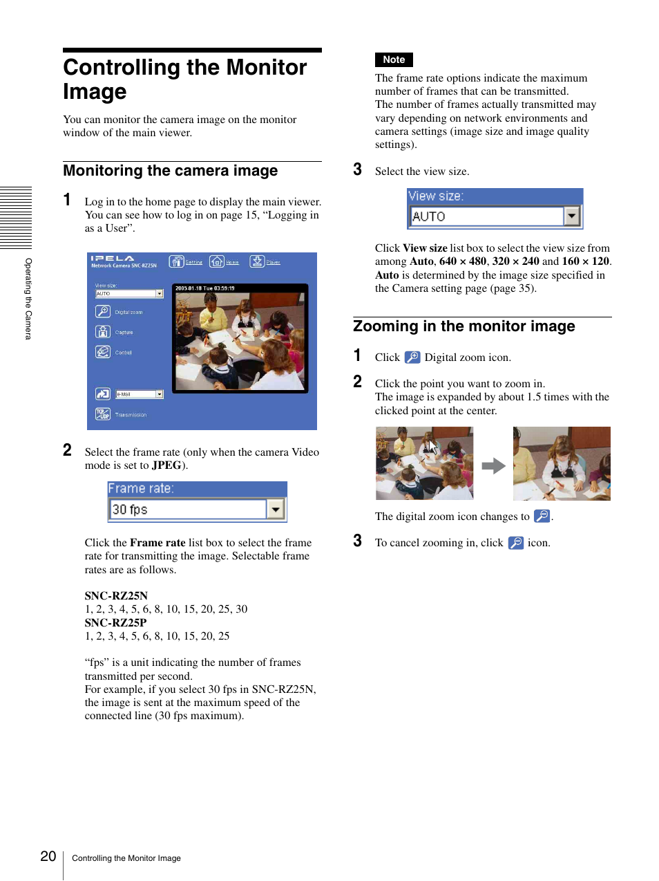 Controlling the monitor image, Monitoring the camera image, Zooming in the monitor image | Sony SNC-RZ25P User Manual | Page 20 / 87