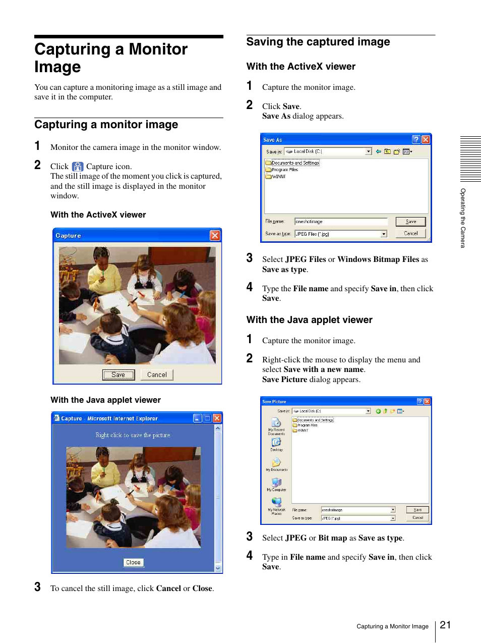 Capturing a monitor image, Saving the captured image | Sony SNC-RZ25P User Manual | Page 21 / 87