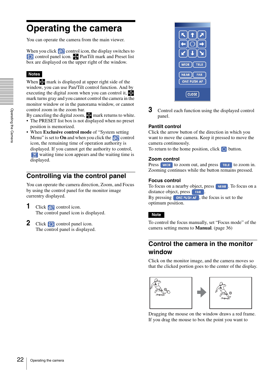 Operating the camera, Controlling via the control panel, Control the camera in the monitor window | Sony SNC-RZ25P User Manual | Page 22 / 87