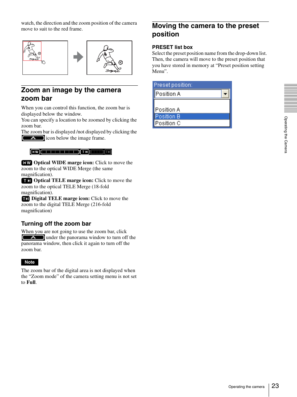 Zoom an image by the camera zoom bar, Moving the camera to the preset position, Turning off the zoom bar | Sony SNC-RZ25P User Manual | Page 23 / 87