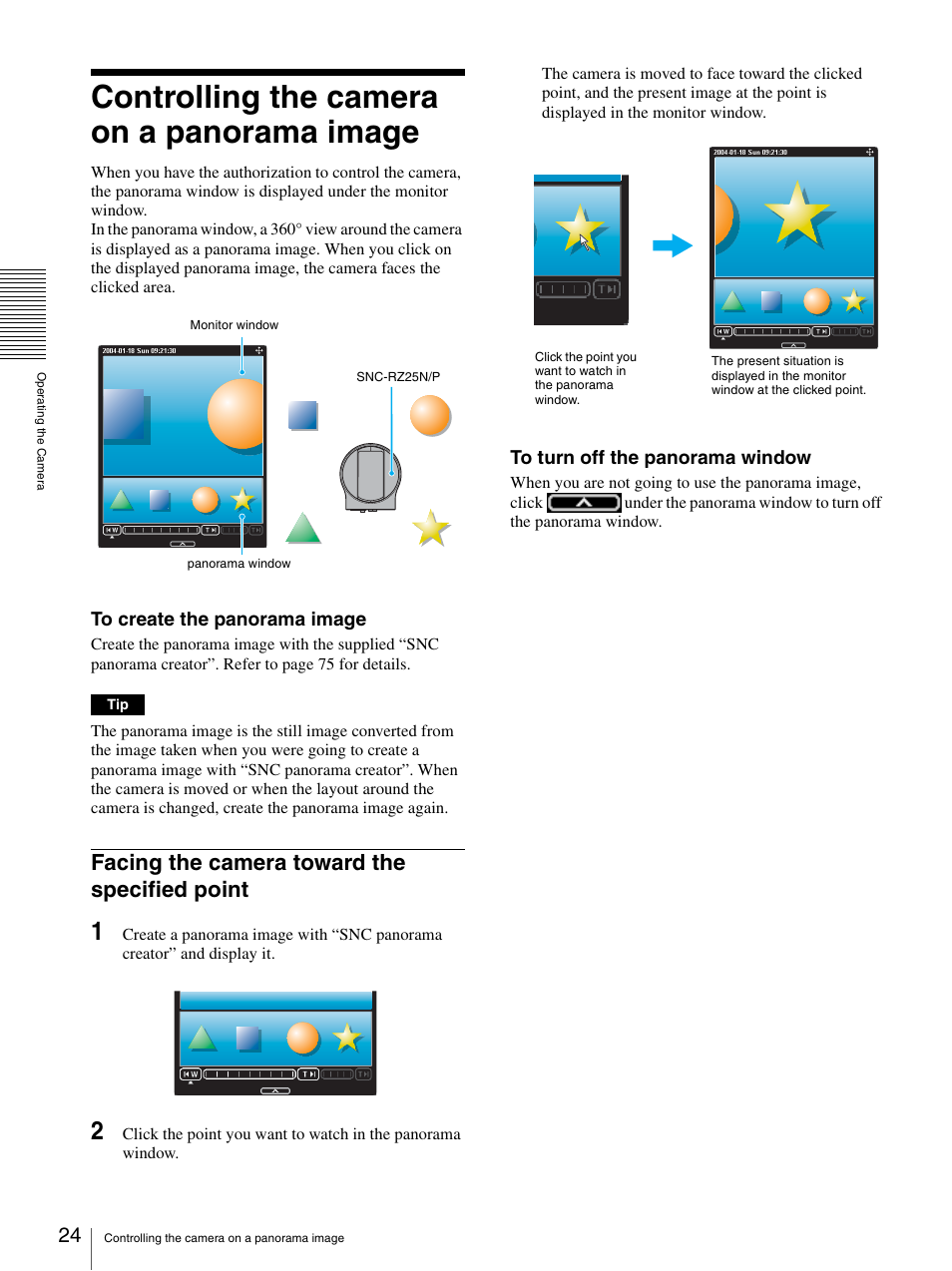 Controlling the camera on a panorama image, Facing the camera toward the specified point, Controlling the camera on a panorama image . 24 | Sony SNC-RZ25P User Manual | Page 24 / 87