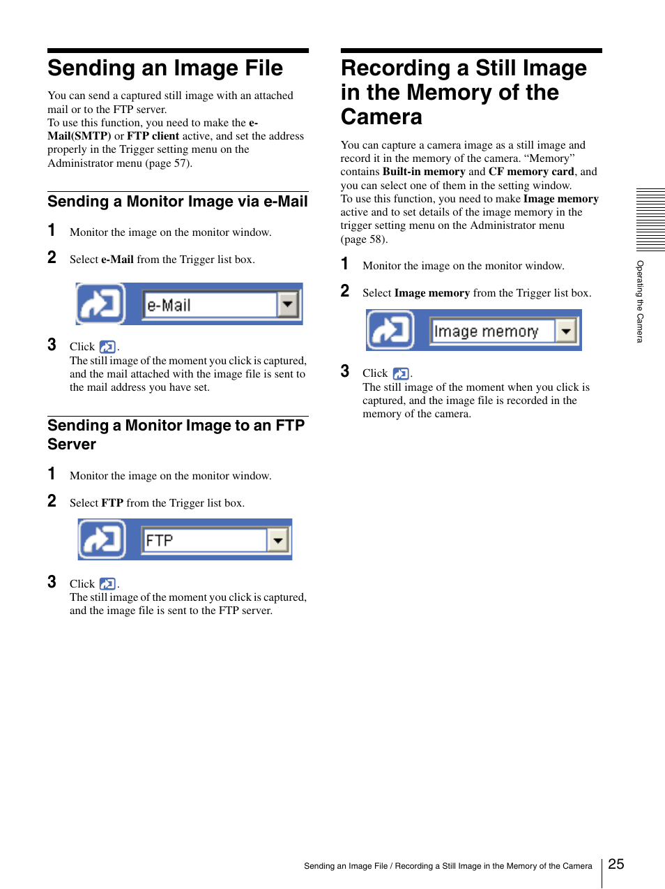 Sending an image file, Sending a monitor image via e-mail, Sending a monitor image to an ftp server | Sony SNC-RZ25P User Manual | Page 25 / 87