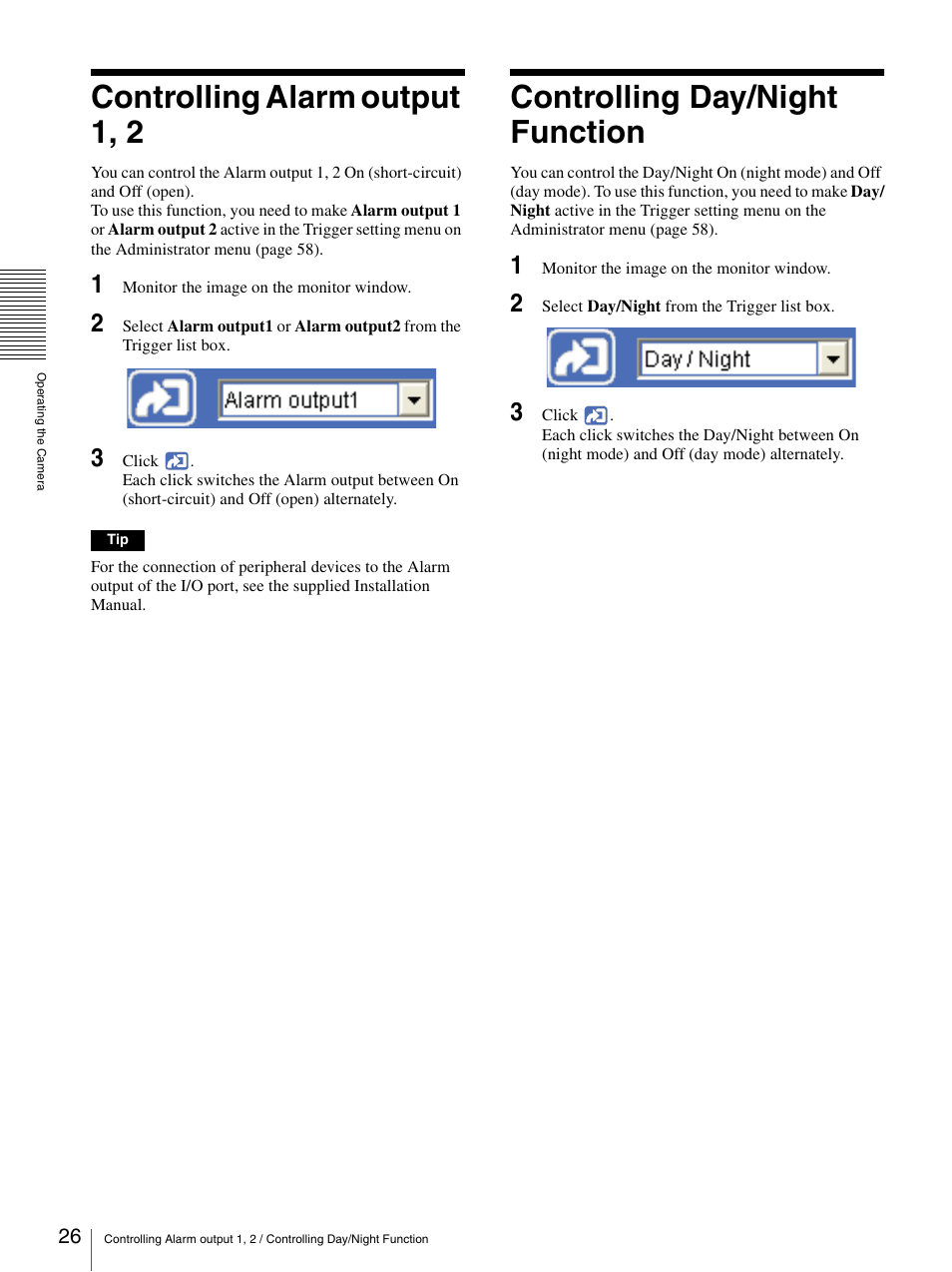 Controlling alarm output 1, 2, Controlling day/night function | Sony SNC-RZ25P User Manual | Page 26 / 87