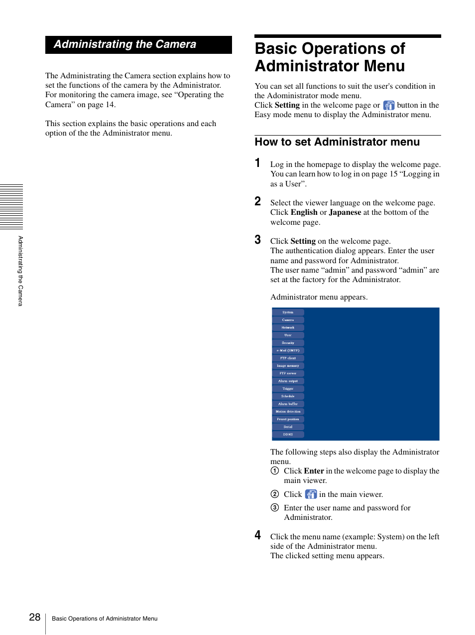 Administrating the camera, Basic operations of administrator menu, How to set administrator menu | Sony SNC-RZ25P User Manual | Page 28 / 87