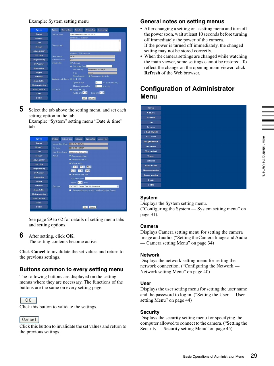 Configuration of administrator menu, Buttons common to every setting menu | Sony SNC-RZ25P User Manual | Page 29 / 87