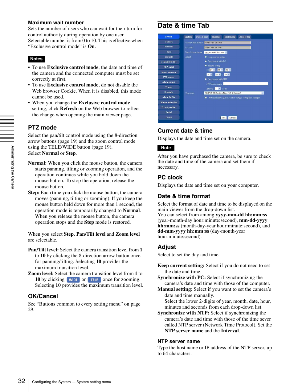 Date & time tab, Ptz mode, Ok/cancel | Current date & time, Pc clock, Date & time format, Adjust | Sony SNC-RZ25P User Manual | Page 32 / 87