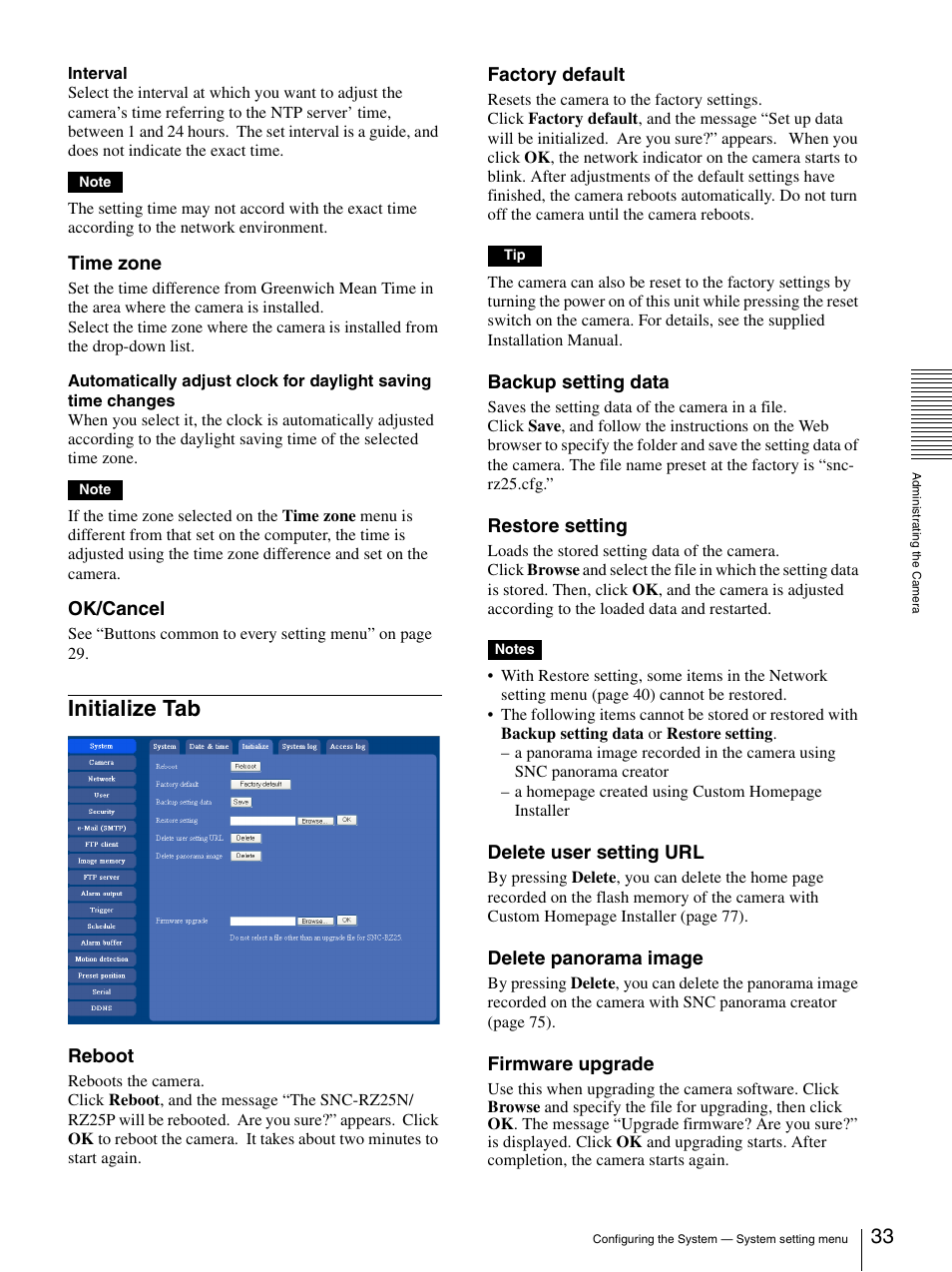 Initialize tab, Time zone, Ok/cancel | Reboot, Factory default, Backup setting data, Restore setting, Delete user setting url, Delete panorama image, Firmware upgrade | Sony SNC-RZ25P User Manual | Page 33 / 87