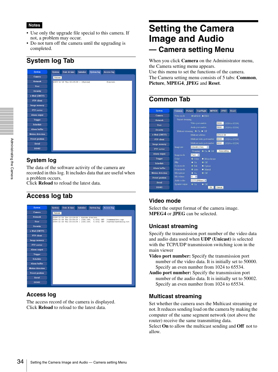 System log tab, Access log tab, Common tab | System log tab access log tab, Setting the camera image and audio, Camera setting menu | Sony SNC-RZ25P User Manual | Page 34 / 87