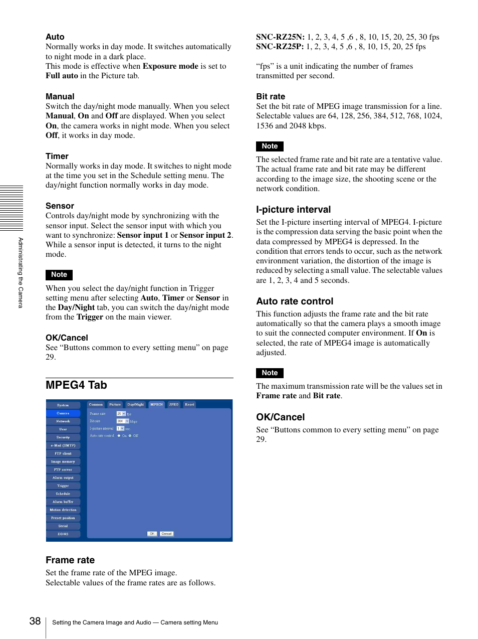 Mpeg4 tab, Frame rate, I-picture interval | Auto rate control, Ok/cancel | Sony SNC-RZ25P User Manual | Page 38 / 87