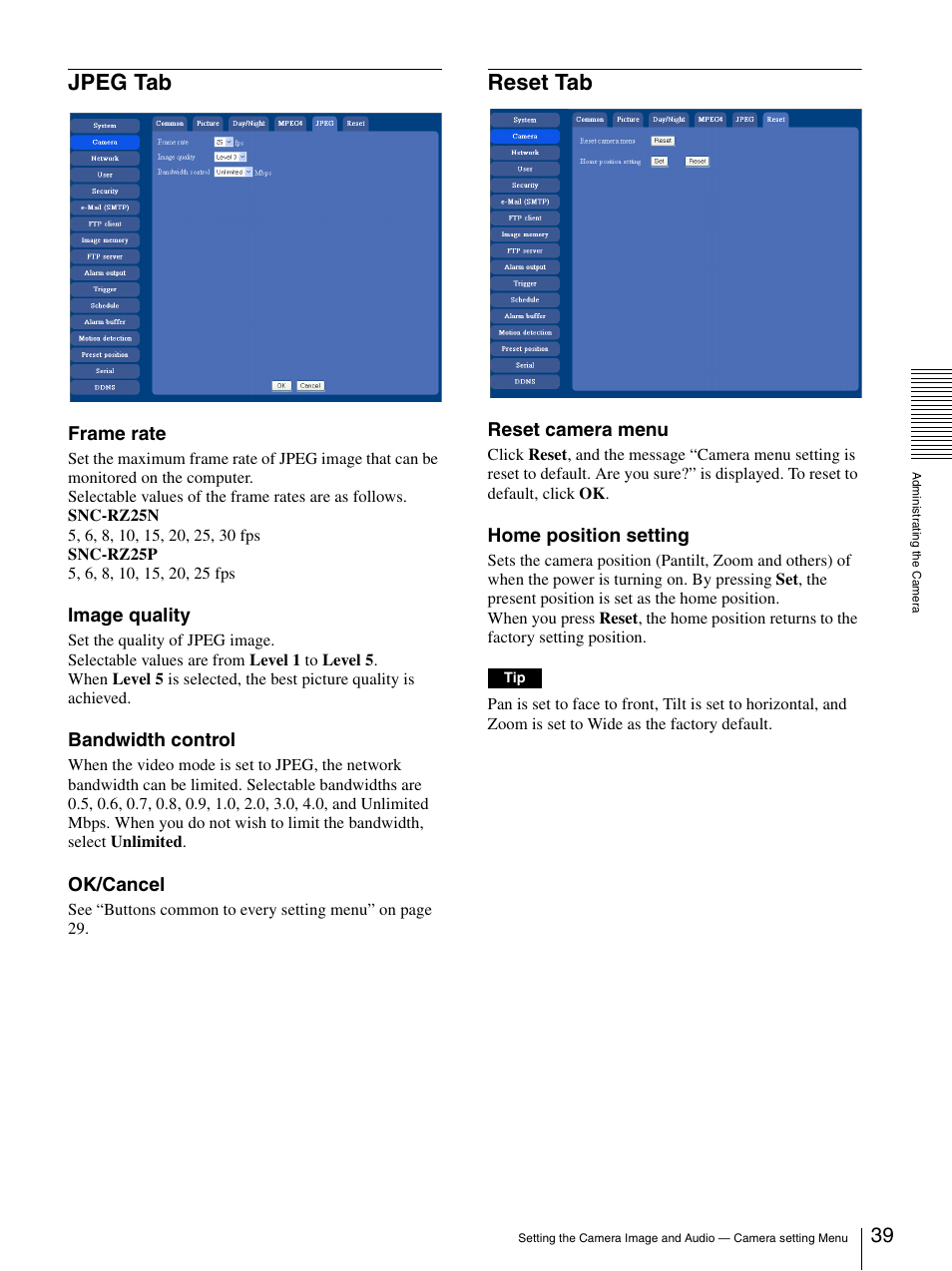 Jpeg tab, Reset tab, Jpeg tab reset tab | Frame rate, Image quality, Bandwidth control, Ok/cancel, Reset camera menu, Home position setting | Sony SNC-RZ25P User Manual | Page 39 / 87