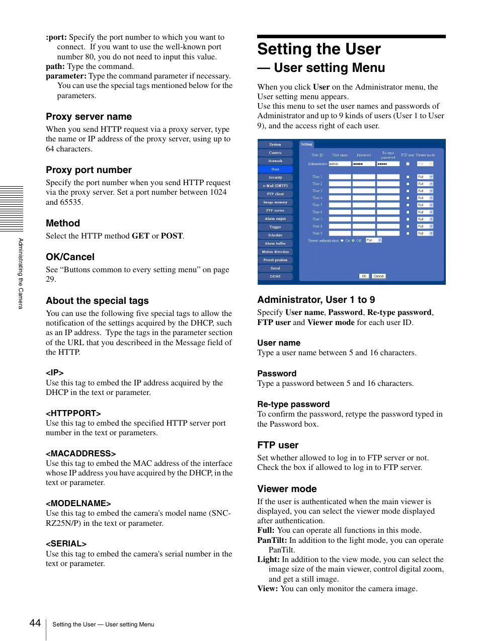 Setting the user - user setting menu, Setting the user — user setting menu, Setting the user | User setting menu | Sony SNC-RZ25P User Manual | Page 44 / 87