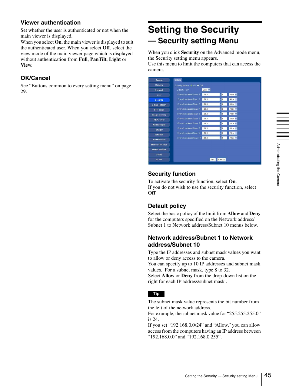 Setting the security - security setting menu, Setting the security — security setting menu, Setting the security | Security setting menu | Sony SNC-RZ25P User Manual | Page 45 / 87