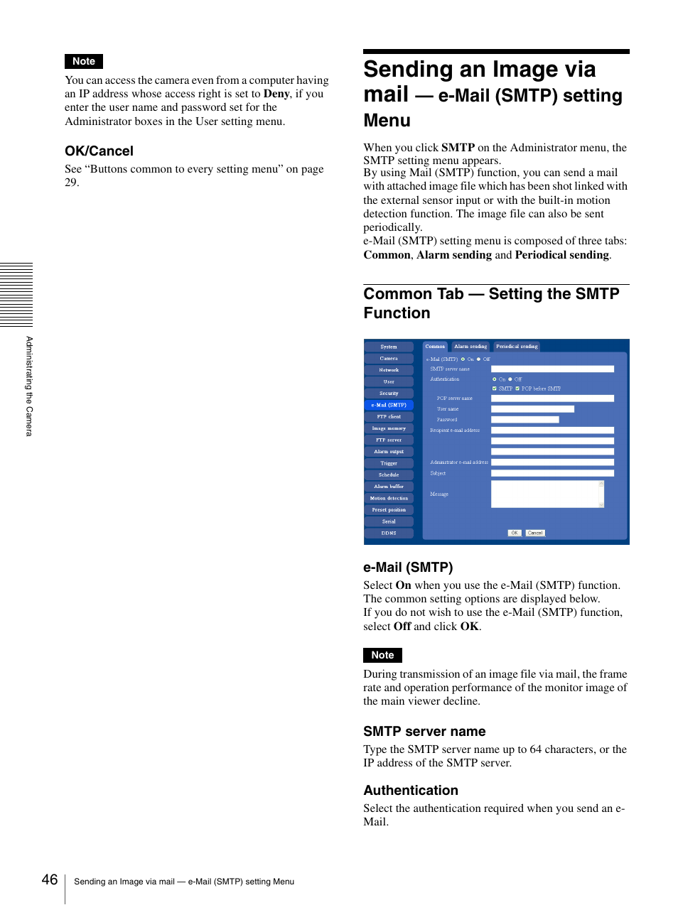 Common tab - setting the smtp function, Common tab — setting the smtp function, Sending an image via mail | E-mail (smtp) setting menu | Sony SNC-RZ25P User Manual | Page 46 / 87