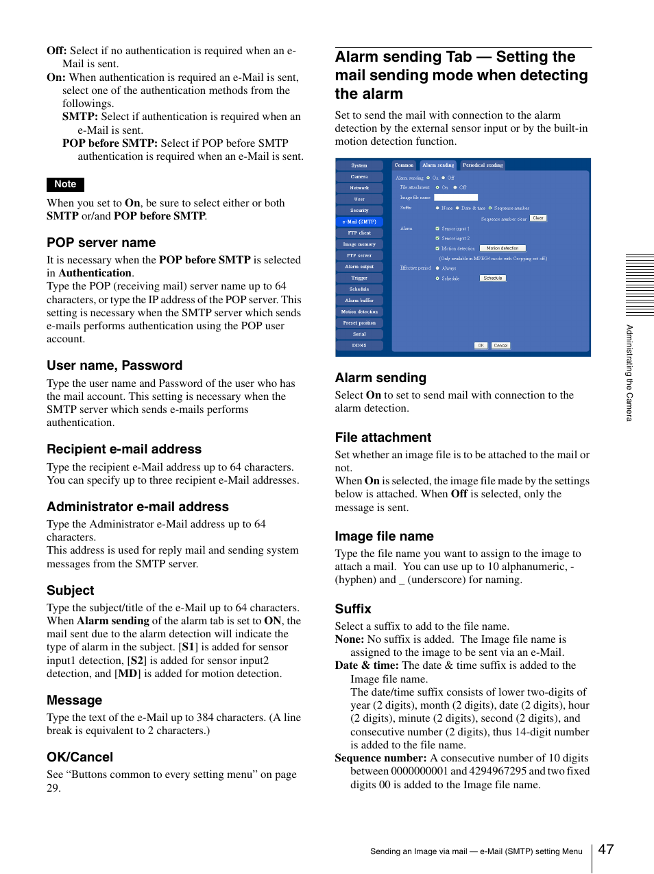 Alarm sending tab — setting the mail sending, Mode when detecting the alarm | Sony SNC-RZ25P User Manual | Page 47 / 87