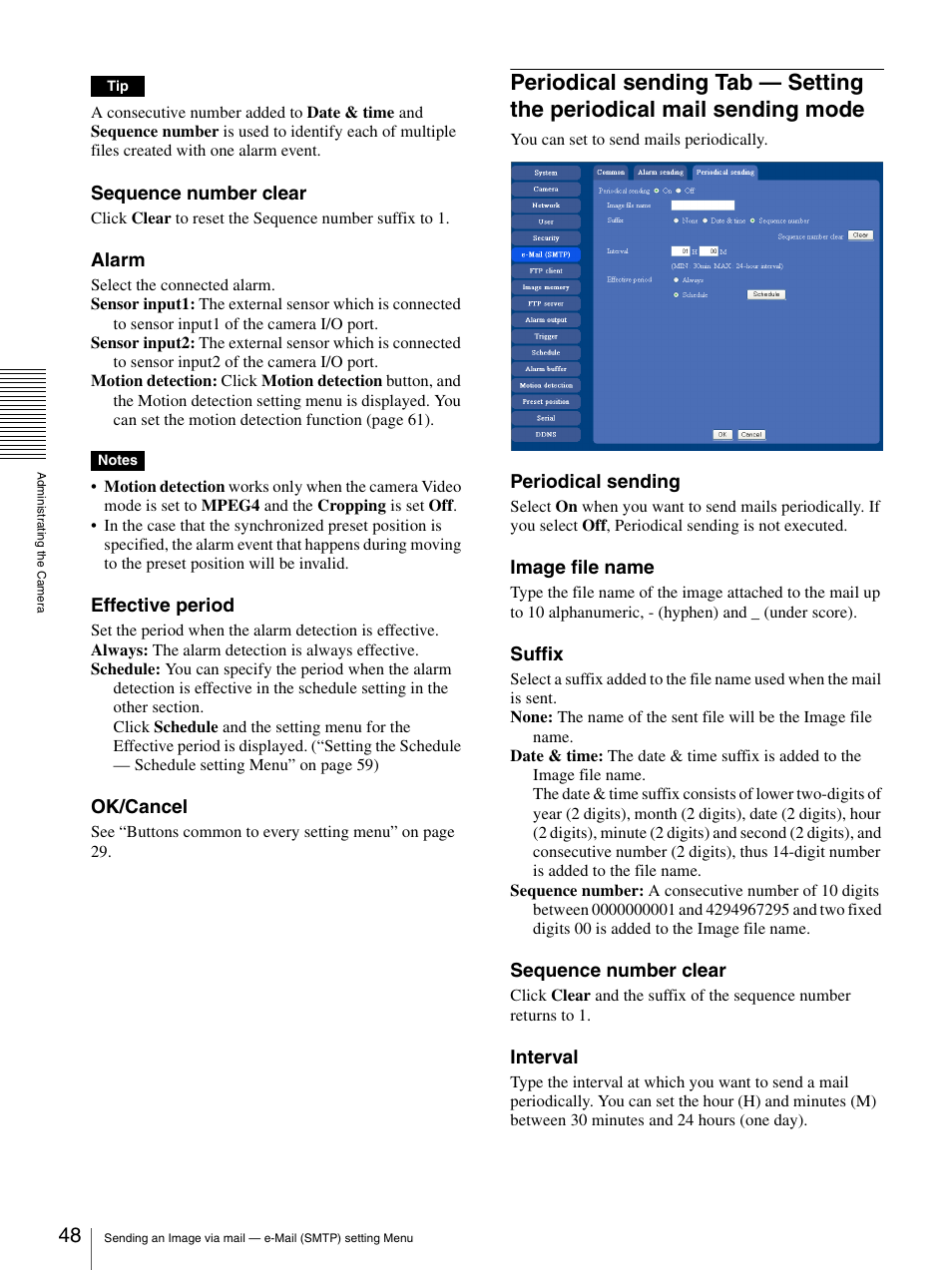 Periodical sending tab — setting the periodical, Mail sending mode | Sony SNC-RZ25P User Manual | Page 48 / 87