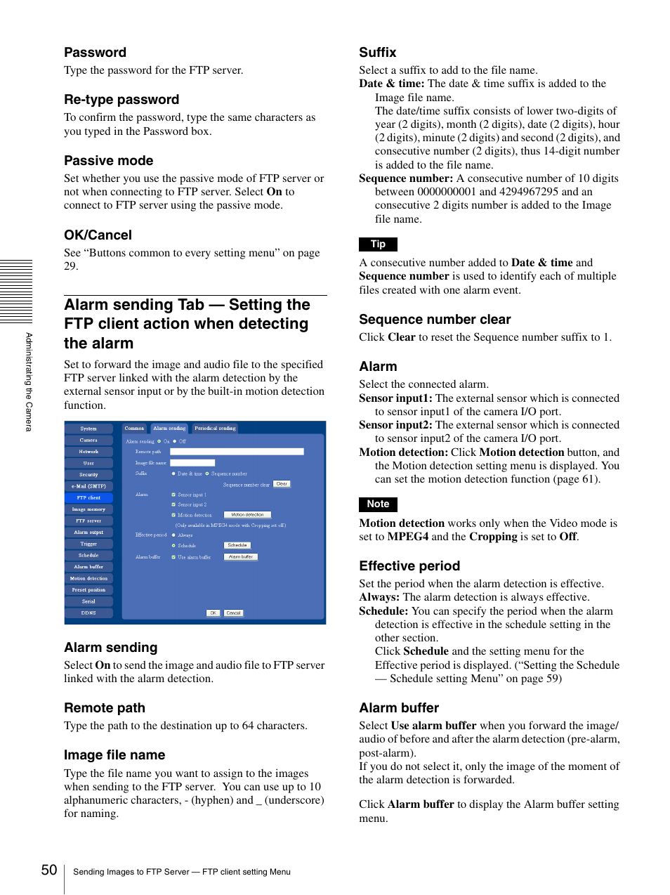 Alarm sending tab — setting the ftp client, Action when detecting the alarm | Sony SNC-RZ25P User Manual | Page 50 / 87