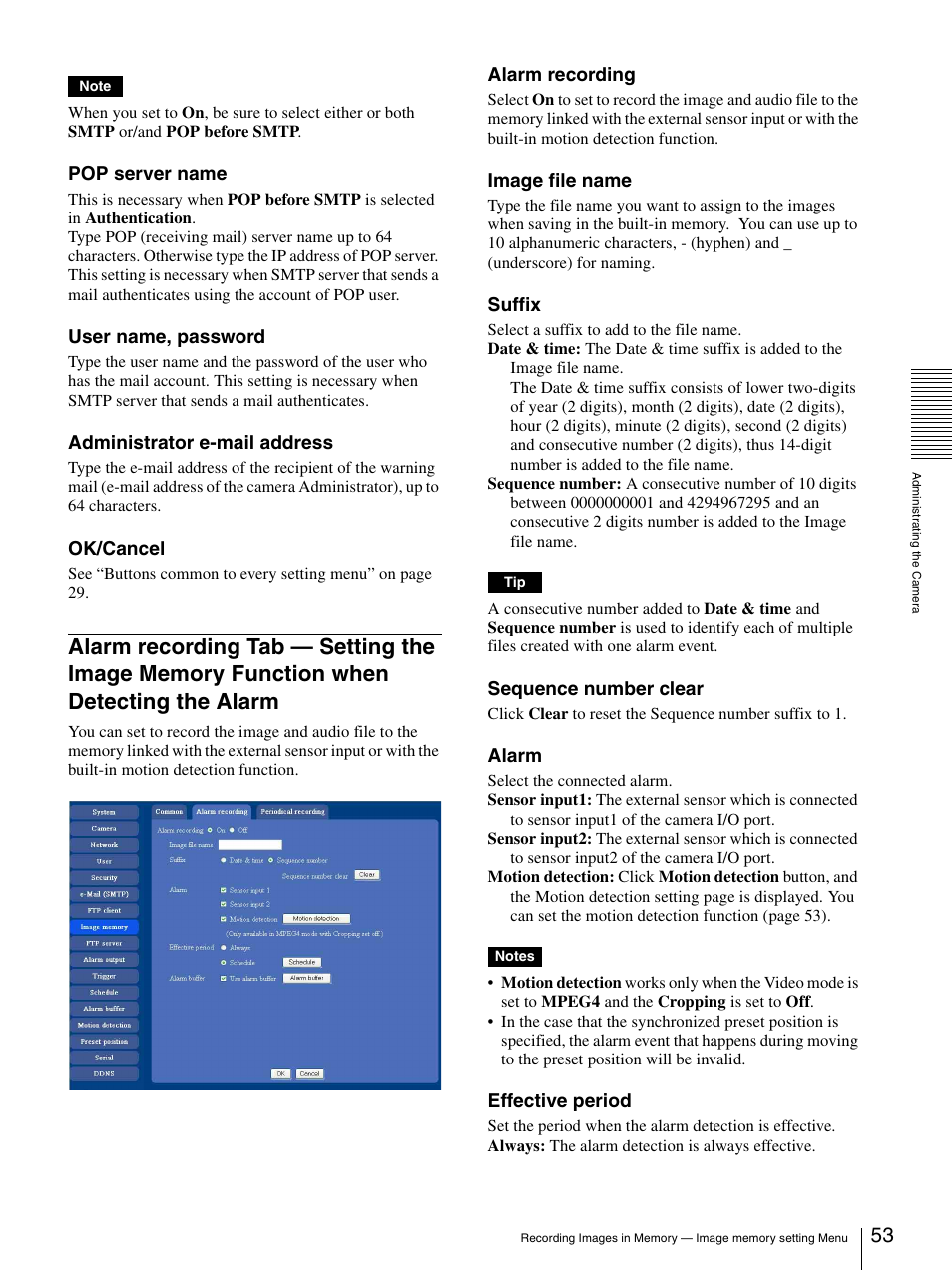 Alarm recording tab — setting the image, Memory function when detecting the alarm | Sony SNC-RZ25P User Manual | Page 53 / 87