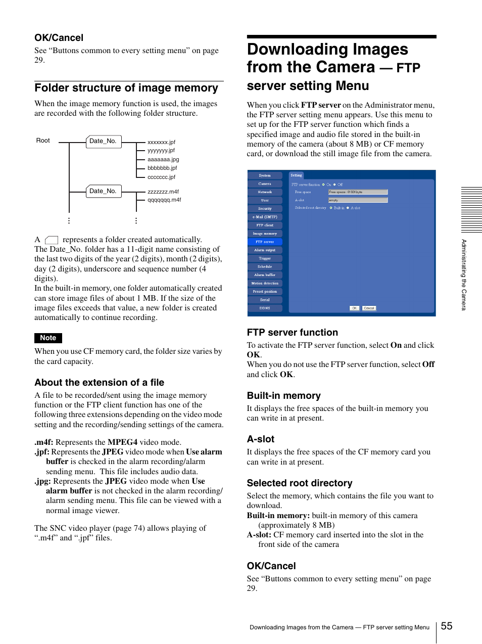 Folder structure of image memory, Downloading images from the camera, Ftp server setting menu | Ok/cancel, About the extension of a file, Ftp server function, A-slot, Selected root directory | Sony SNC-RZ25P User Manual | Page 55 / 87
