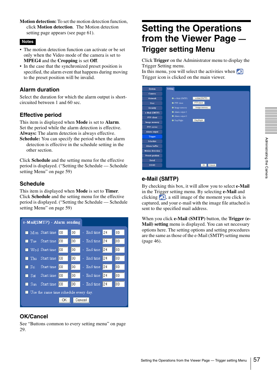 Setting the operations from the viewer page, Trigger setting menu | Sony SNC-RZ25P User Manual | Page 57 / 87