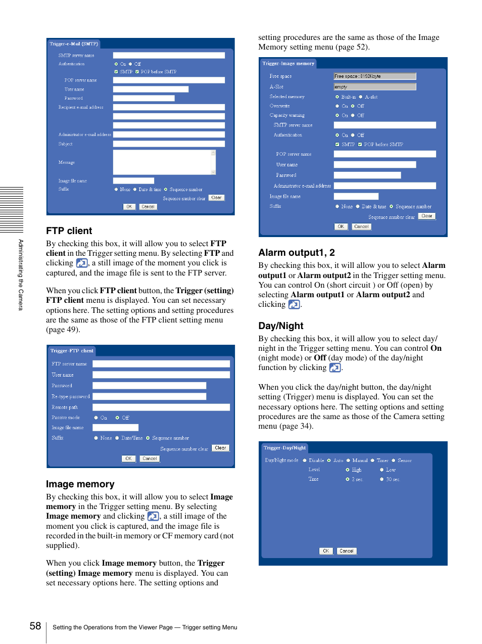 Ftp client, Alarm output1, 2, Day/night | Sony SNC-RZ25P User Manual | Page 58 / 87