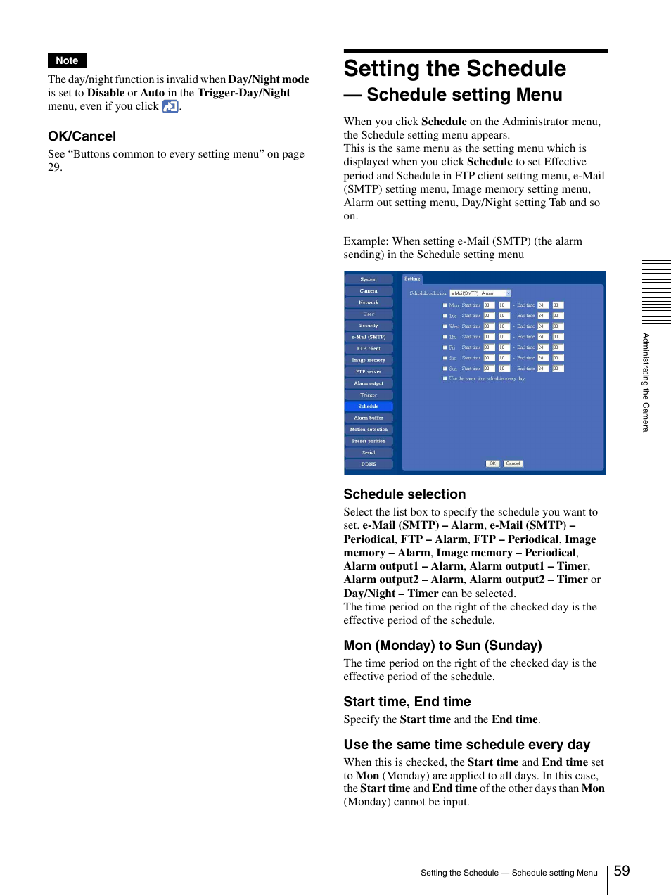 Setting the schedule - schedule setting menu, Setting the schedule — schedule setting menu, Setting the schedule | Schedule setting menu | Sony SNC-RZ25P User Manual | Page 59 / 87