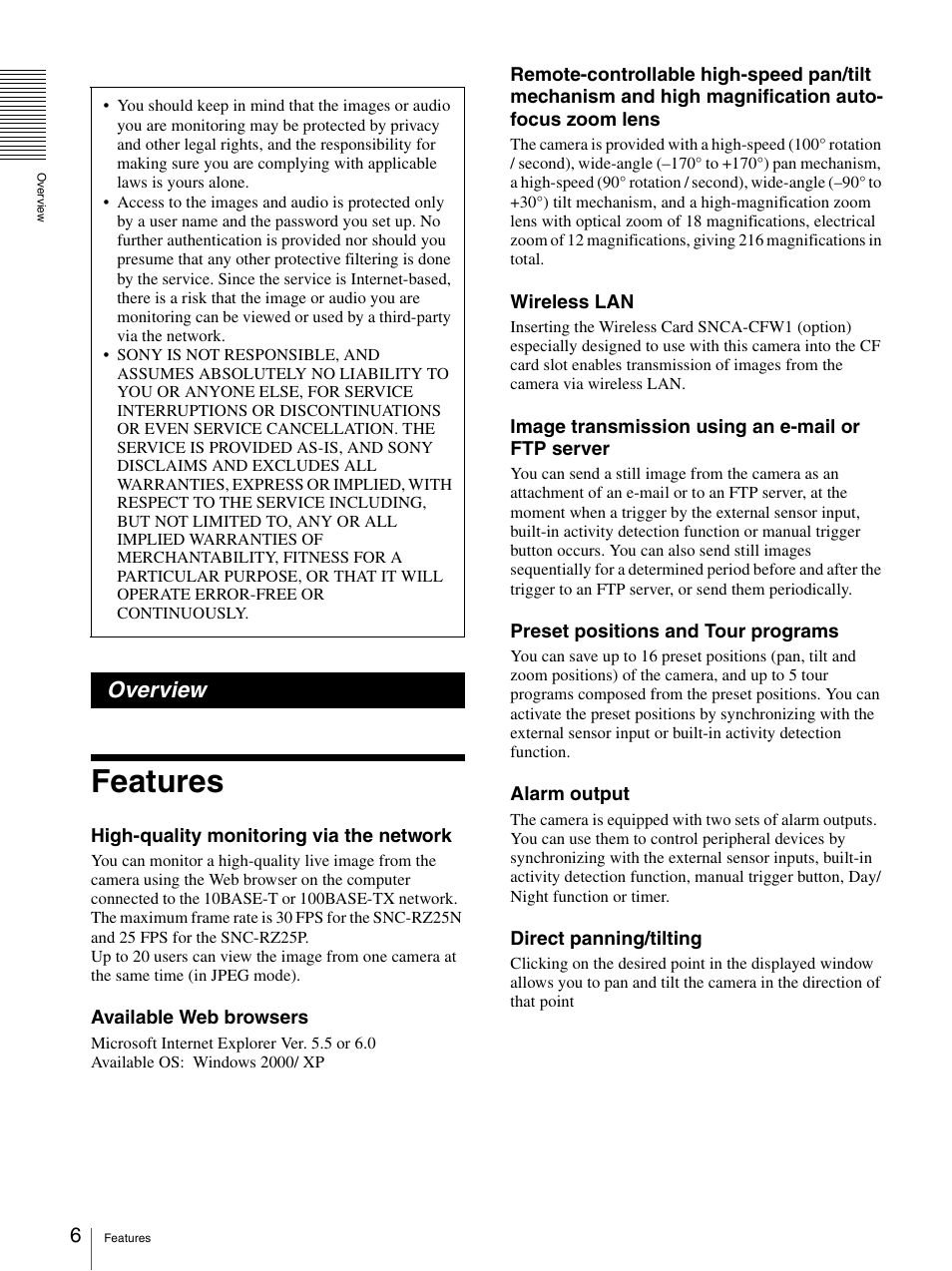 Overview, Features | Sony SNC-RZ25P User Manual | Page 6 / 87