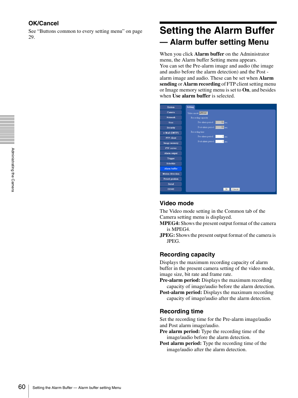 Setting the alarm buffer, Alarm buffer setting menu | Sony SNC-RZ25P User Manual | Page 60 / 87