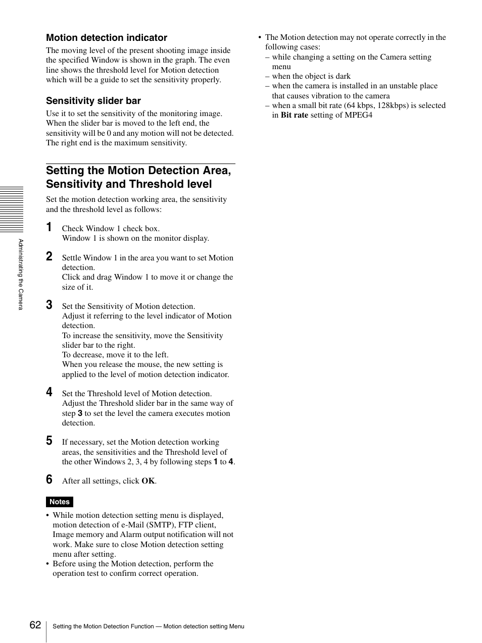 Setting the motion detection area, Sensitivity and threshold level, 62 f | Sony SNC-RZ25P User Manual | Page 62 / 87