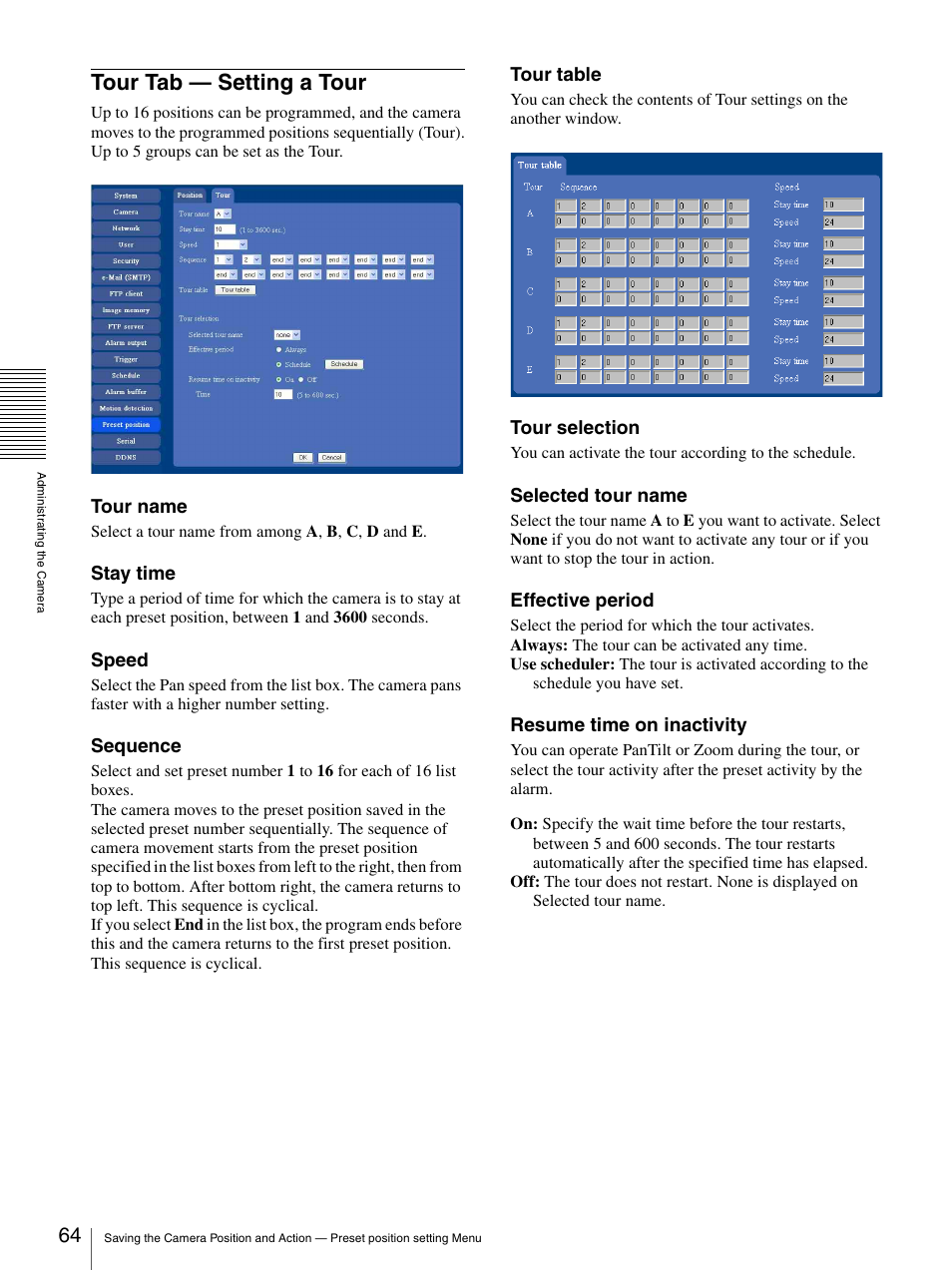 Tour tab - setting a tour, Tour tab — setting a tour | Sony SNC-RZ25P User Manual | Page 64 / 87