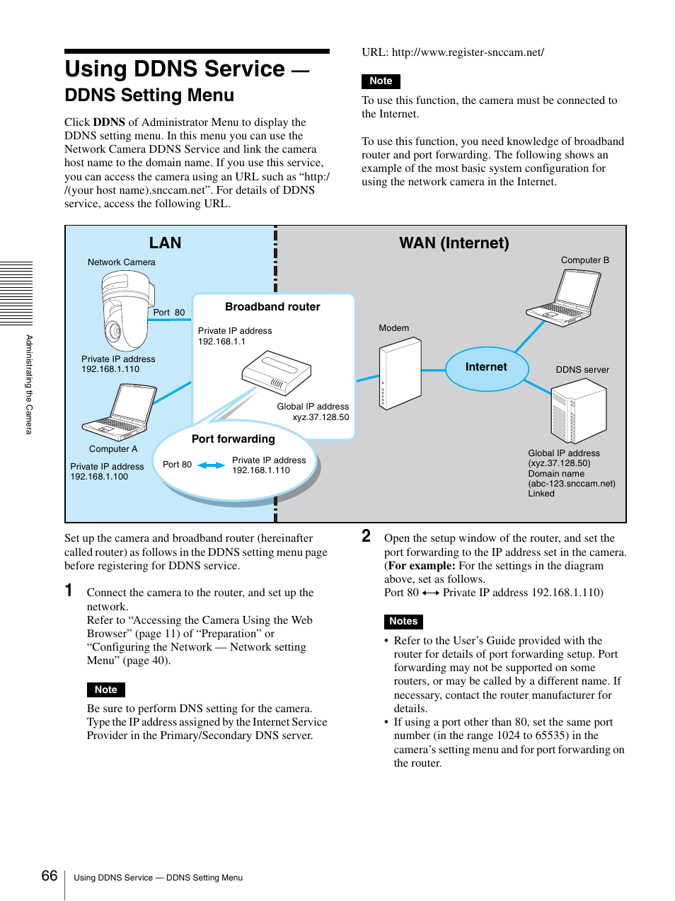 Using ddns service - ddns setting menu, Using ddns service – ddns setting menu, Using ddns service | Ddns setting menu, Lan wan (internet) | Sony SNC-RZ25P User Manual | Page 66 / 87