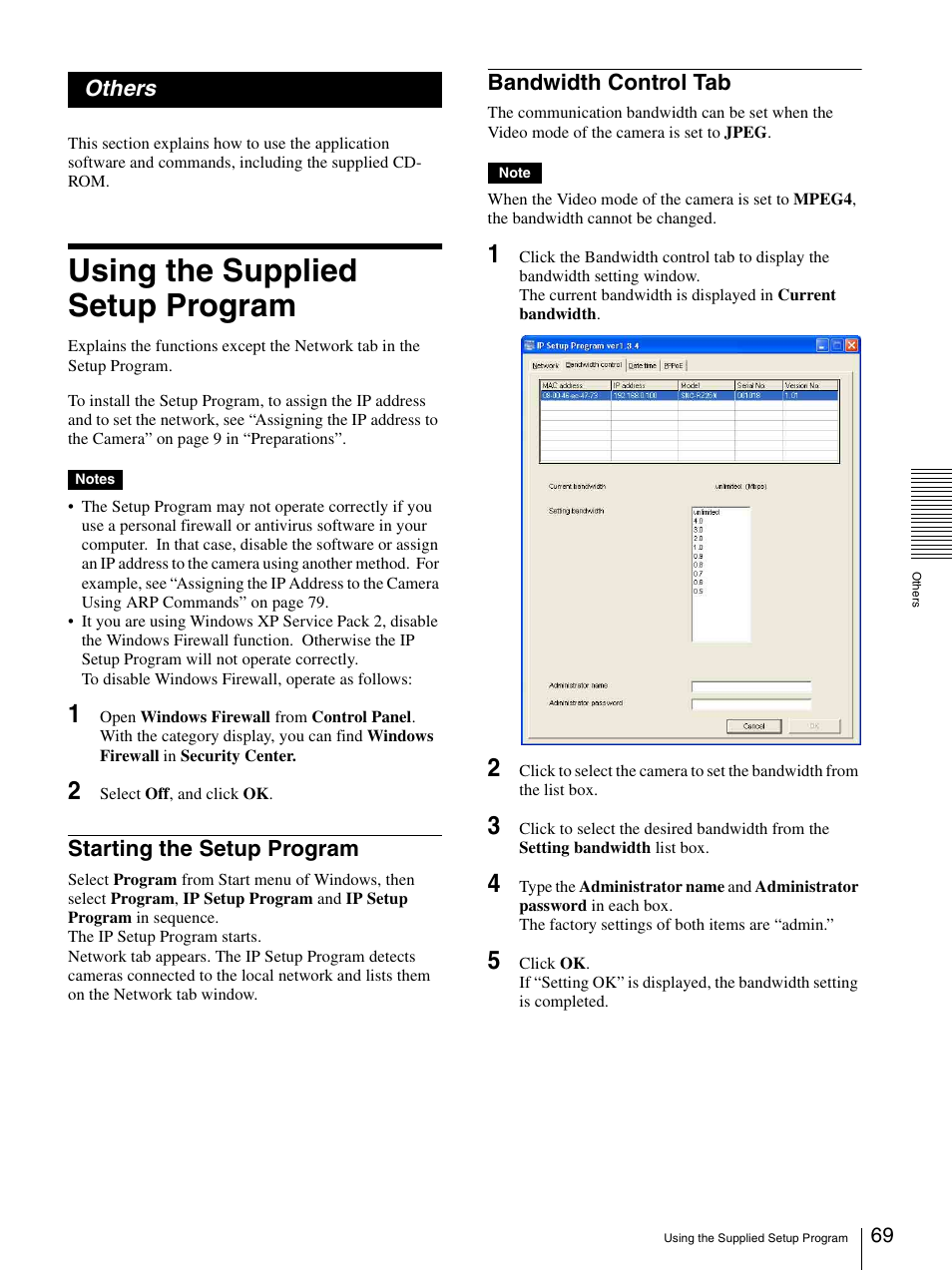 Others, Using the supplied setup program, Starting the setup program | Bandwidth control tab, Starting the setup program bandwidth control tab | Sony SNC-RZ25P User Manual | Page 69 / 87