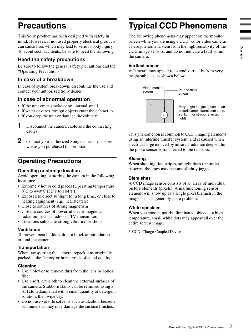 Precautions, Operating precautions, Typical ccd phenomena | Sony SNC-RZ25P User Manual | Page 7 / 87