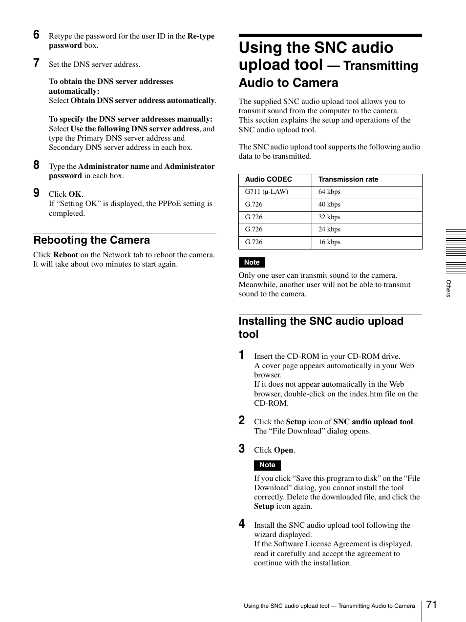 Rebooting the camera, Installing the snc audio upload tool, Using the snc audio upload tool | Transmitting audio to camera | Sony SNC-RZ25P User Manual | Page 71 / 87