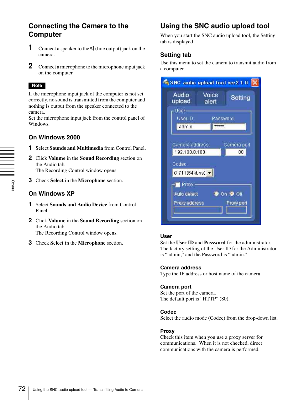 Connecting the camera to the computer, Using the snc audio upload tool | Sony SNC-RZ25P User Manual | Page 72 / 87