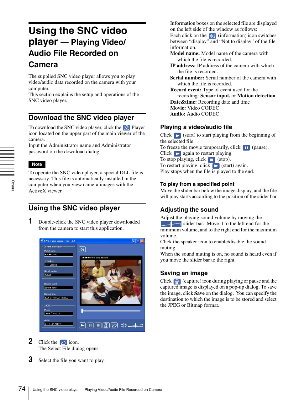 Download the snc video player, Using the snc video player, Playing video/ audio file recorded on camera | Sony SNC-RZ25P User Manual | Page 74 / 87